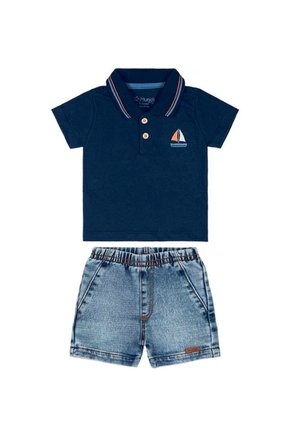 01 conjunto bebe menino polo e bermuda barquinho mundi
