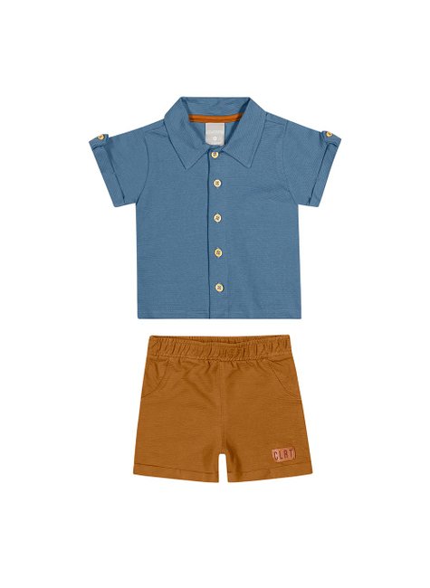 01 conjunto menino camisa e bermuda botoes amadeirados coloritta