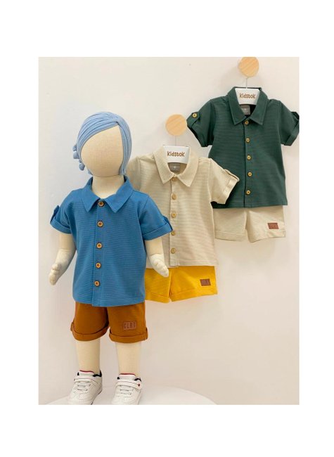 04 conjunto menino camisa e bermuda botoes amadeirados coloritta