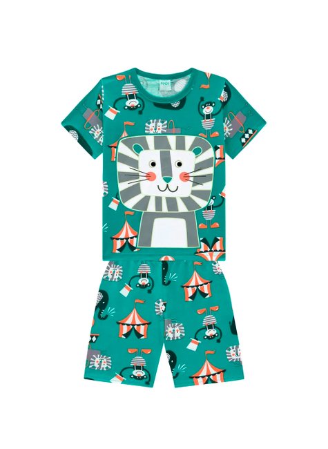 04 pijama menino camiseta e bermuda leaozinho circo brilha no escuro kyly