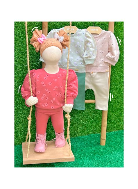 01 conjunto menina flanelado blusao floral e calca botoes coloritta