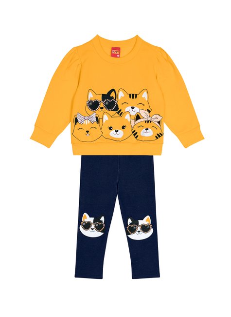 03 conjunto menina blusao e calca legging flanelada gatinho fashion kyly