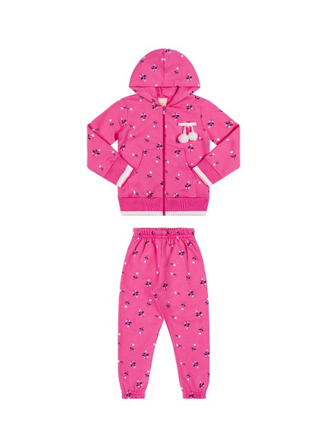 02 conjunto menina flanelado jaqueta c capuz e calca raminhos pompom angero