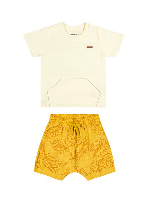 04 conjunto menino camiseta e bermuda viscolinho folhagem coloritta off white g