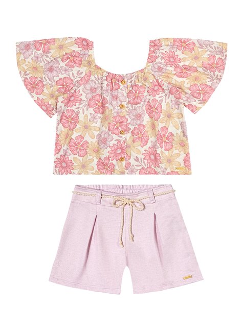 01 conjunto menina blusa floral e short moletom coloritta caramelo 8
