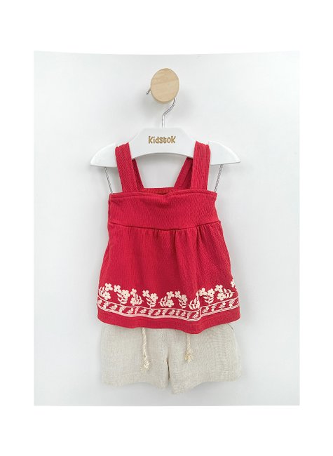 02 conjunto menina blusa malha e short linho flores angero off white 3