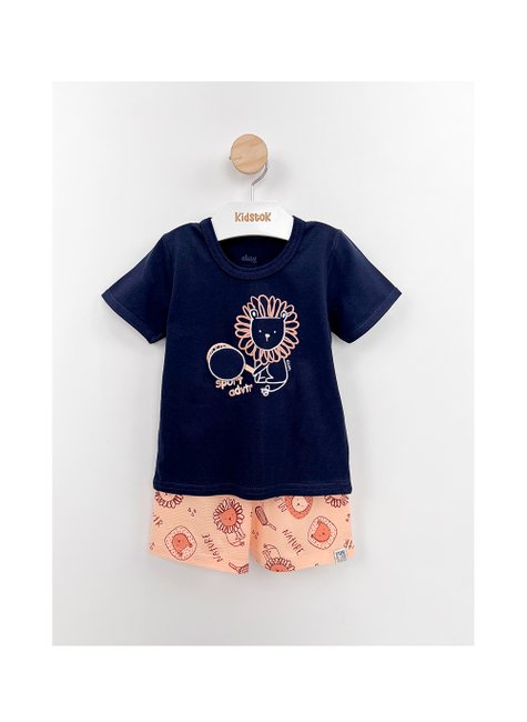 01 conjunto menino camiseta e bermuda leao aplique elian azul p