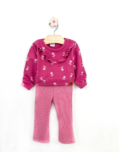 01 conjunto menina blusao moletom e calca molecotton flores elian magenta 1