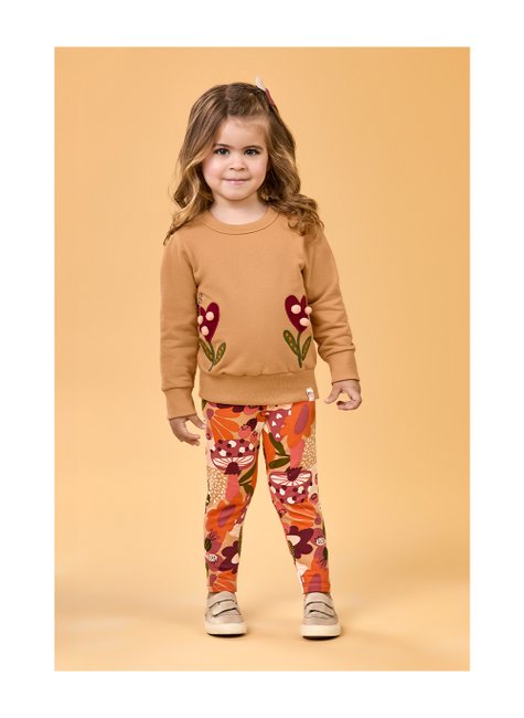01 conjunto menina blusao moletom e legging floral pompom elian caramelo 4
