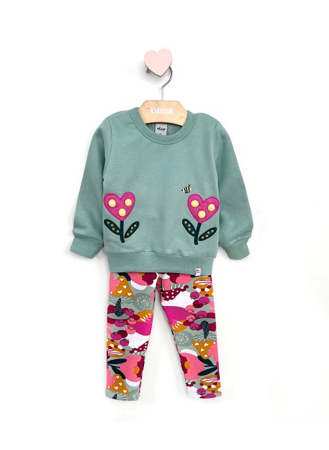 03 conjunto menina blusao moletom e legging floral pompom elian caramelo 4