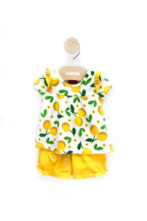 03 conjunto bebe menina blusa e short moletinho limao kyly azul marinho g