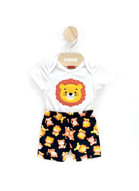 03 conjunto bebe menino body e bermuda leao safari kiko baby branco p