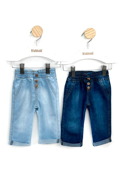 01 calca bebe unissex jeans botoes kidstok azul marinho g