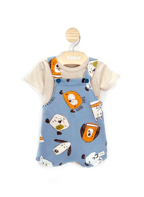 06 conjunto bebe menino camiseta e jardineira cachorrinhos elian azul m