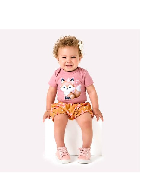 02 conjunto bebe menina body e short raposa lacos kyly rose m
