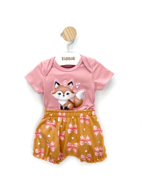 03 conjunto bebe menina body e short raposa lacos kyly rose m