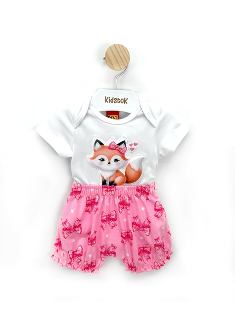 04 conjunto bebe menina body e short raposa lacos kyly rose m