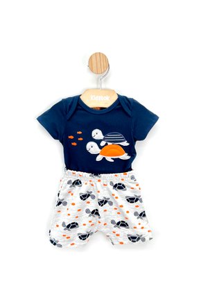 03 conjunto bebe menino body e bermuda tartarugas kyly azul marinho p