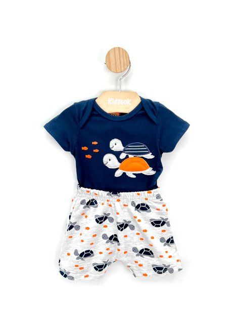 03 conjunto bebe menino body e bermuda tartarugas kyly azul marinho p