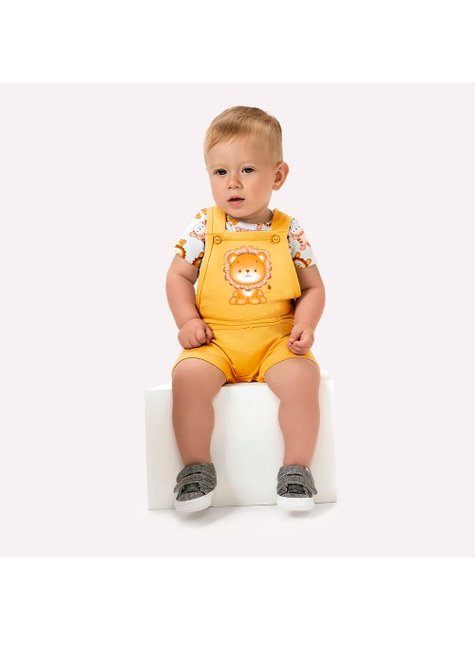 02 conjunto bebe menino body e jardineira leao kyly cinza p