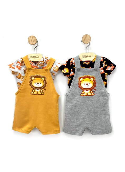 04 conjunto bebe menino body e jardineira leao kyly cinza p