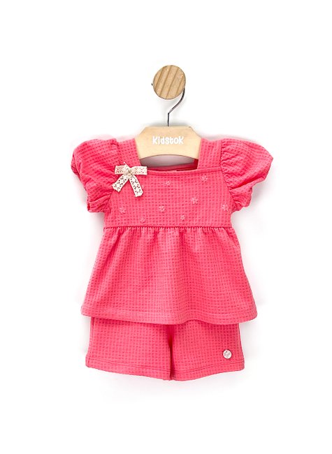 01 conjunto bebe menina blusa e short malha laco angero bege p