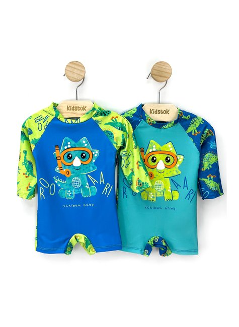 01 macacao menino c chapeu dino roar protecao uv kamylus azul p