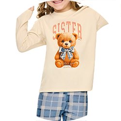 01 pijama menina blusa e calca ursinho sister brilha no escuro elian bege 3