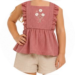 01 conjunto menina blusa e short bordado flores angero